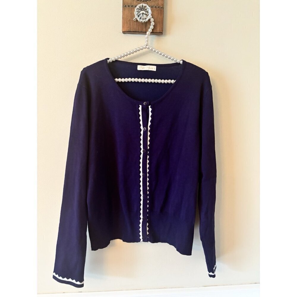 Belle Poque Womens Size XL Blue Cardigan Sweater White Trim Button Front